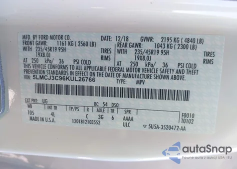 2019 Lincoln Mkc Reserve z USA, uszkodzony, nr VIN 5LMCJ3C96KUL26766